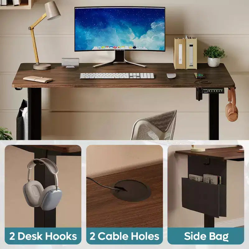 Bureau d'ordinateur électrique réglable en hauteur Bestier 55 avec port USB, bureau de télétravail simple avec crochets et sac latéral, poste de travail assis-debout