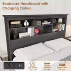 Cadre de lit King Size avec tête de lit bibliothèque, lit plateforme King Size avec rangement à 2 niveaux et station de recharge, aucun sommier tapissier requis, facile à monter, Noir