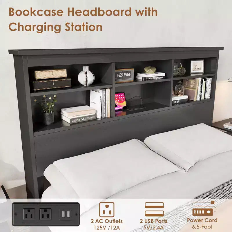 Cadre de lit King Size avec tête de lit bibliothèque, lit plateforme King Size avec rangement à 2 niveaux et station de recharge, aucun sommier tapissier requis, facile à monter, Noir