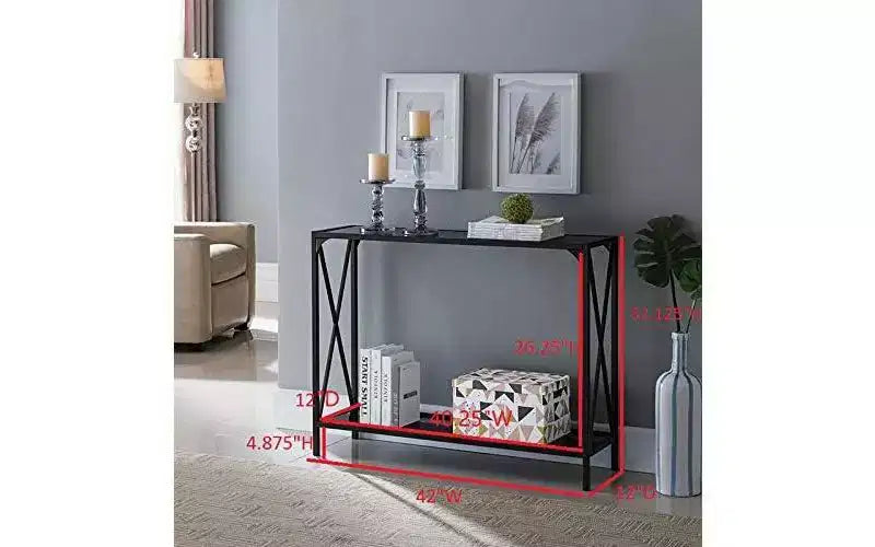 Kings Brand Furniture Table console Kandin moderne avec étagère de rangement, étain/verre noir - Idéale pour les entrées et les salons