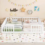 Lit double superposé avec barrière de sécurité, lit plateforme en bois avec clôture pour 2 enfants