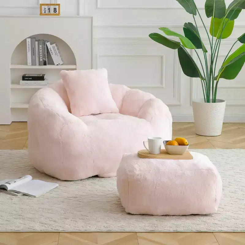 Fauteuil d'appoint en tissu Teddy Plush FurnitureR avec pouf, ensemble fauteuil de salon confortable et ottoman pour salon, chambre ou coin lecture