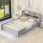 Lit double Okak avec tête de lit, plateforme en bois avec lumière LED intégrée, tête de lit de rangement et barrière de sécurité, gris antique