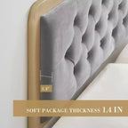 Lit plateforme pleine taille en velours capitonné avec tête et pied de lit touffetés