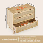 Commode 3 tiroirs en rotin VEVOR, Commode de placard en rotin naturel avec 3 tiroirs, Organisateur et rangement de vêtements de poitrine en bois moderne de style bohème, Couleur bois