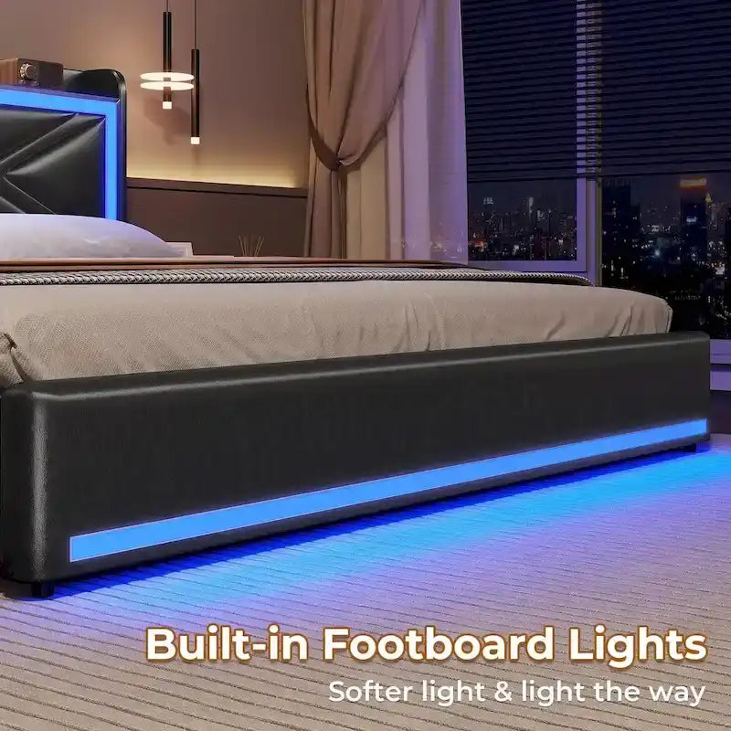 Cadre de lit avec lumières LED, tête de lit et station de charge USB-C/A, 4 tiroirs