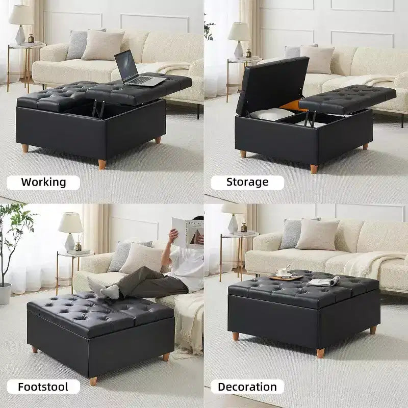 Table basse coffre de rangement Acekool, plateau relevable, capitonné, 90x90x51 cm
