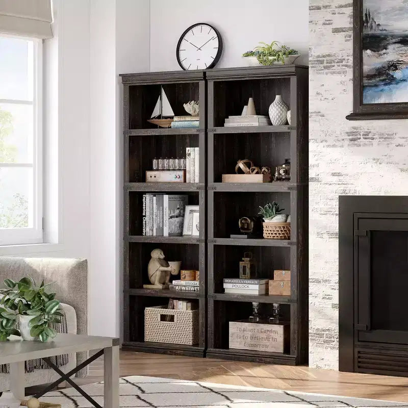 Bibliothèque à 5 niveaux Whizmax, étagère de style rustique avec rangements, étagères ouvertes pour bureau à domicile, salon, chambre à coucher