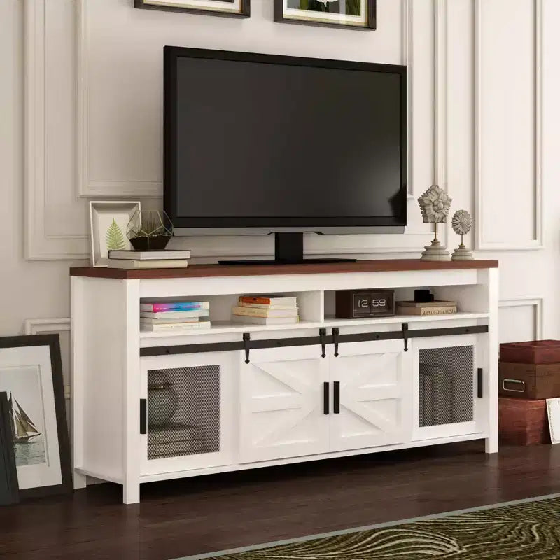 Meuble TV de ferme GustoWave, console TV robuste avec étagère réglable et porte coulissante style grange pour salon, chambre, blanc/noyer