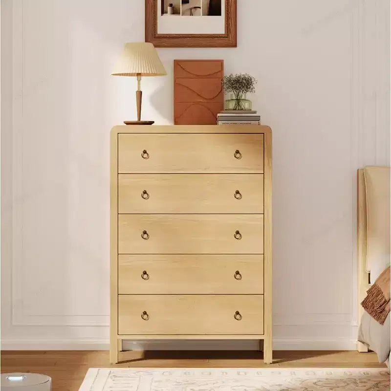 Commode 5 tiroirs, commode de style Mid-Century, meuble de rangement de chambre à coucher avec poignées en métal, grand organisateur de commode pour chambre à coucher