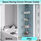 Étagère d'angle de salle de bain, étagère réglable à quatre niveaux, étagère de douche antirouille, support de baignoire autoportant, avec tringle télescopique