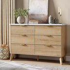 Commode 6 tiroirs pour chambre à coucher, commode de 120 cm de large avec profil incurvé, tiroirs en bois cannelé, commode moderne pour salon