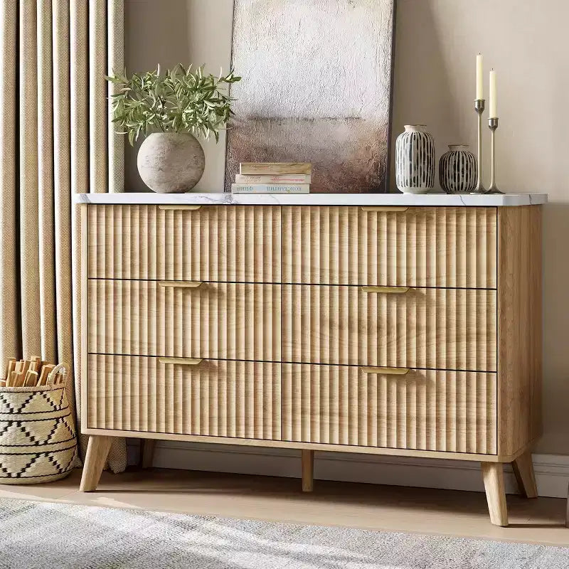 Commode 6 tiroirs pour chambre à coucher, commode de 120 cm de large avec profil incurvé, tiroirs en bois cannelé, commode moderne pour salon