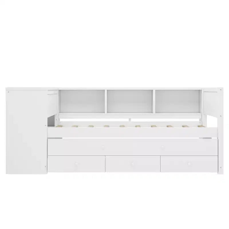 Lit de repos jumeau/double avec lit gigogne, cadre de lit en bois avec bureau, tiroirs de rangement et étagères, pas besoin de sommier tapissier - ModernLuxe