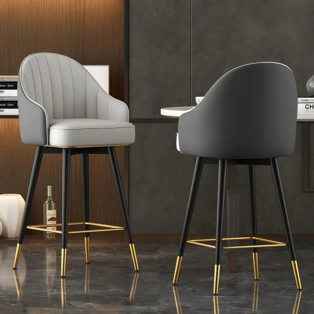 Tabouret de bar Art Déco pivotant en cuir avec dossier et assise rembourrés