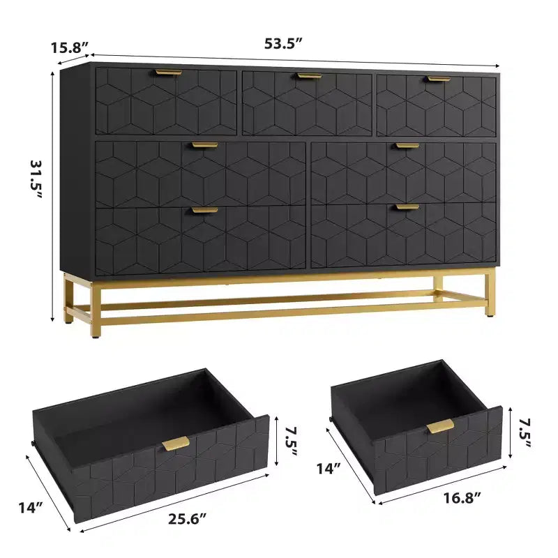 Commode pour chambre à coucher, commode de 136 cm de large avec 7 tiroirs, poignées et pieds en métal doré, commode moderne pour placard, couloir