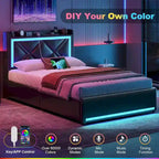 Cadre de lit avec lumières LED, tête de lit et station de charge USB-C/A, 4 tiroirs