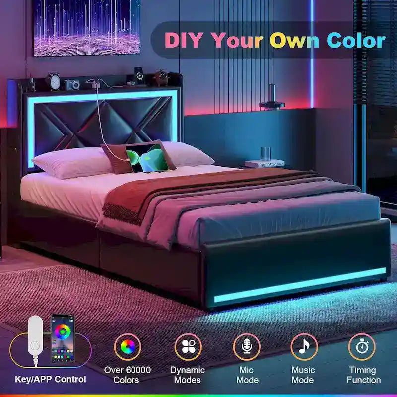 Cadre de lit avec lumières LED, tête de lit et station de charge USB-C/A, 4 tiroirs
