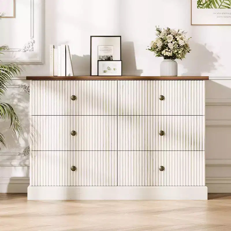 Commode à 6 tiroirs cannelés pour chambre à coucher, commode horizontale en bois avec poignées en métal, organiseur de rangement moderne pour chambre à coucher, salon