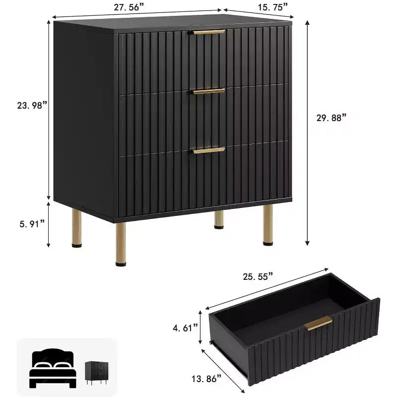 Commode à 3 tiroirs pour chambre à coucher, commode cannelée avec grands tiroirs et pieds dorés robustes, commodes et chiffonniers pour chambre à coucher, salon