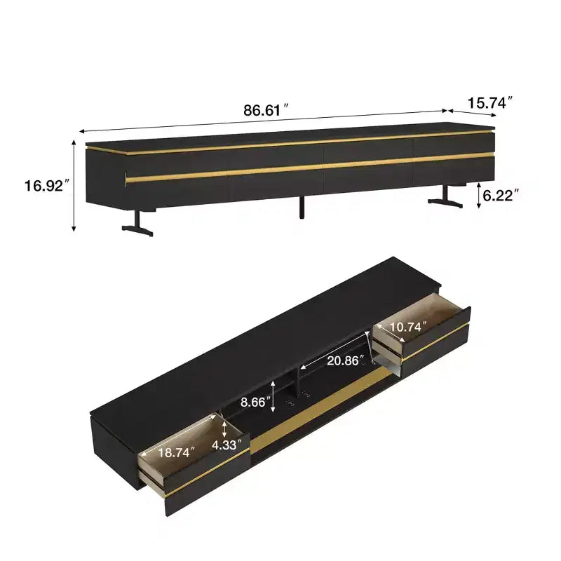Meuble TV et console média noir Luck Live Farmhouse 86.61 avec tiroirs de rangement dissimulés, armoires fermées, pieds en métal et gestion des câbles