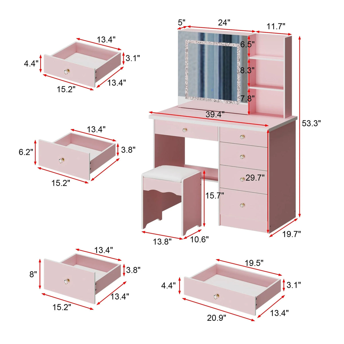 Coiffeuse de 99 cm de large avec tabouret et miroir