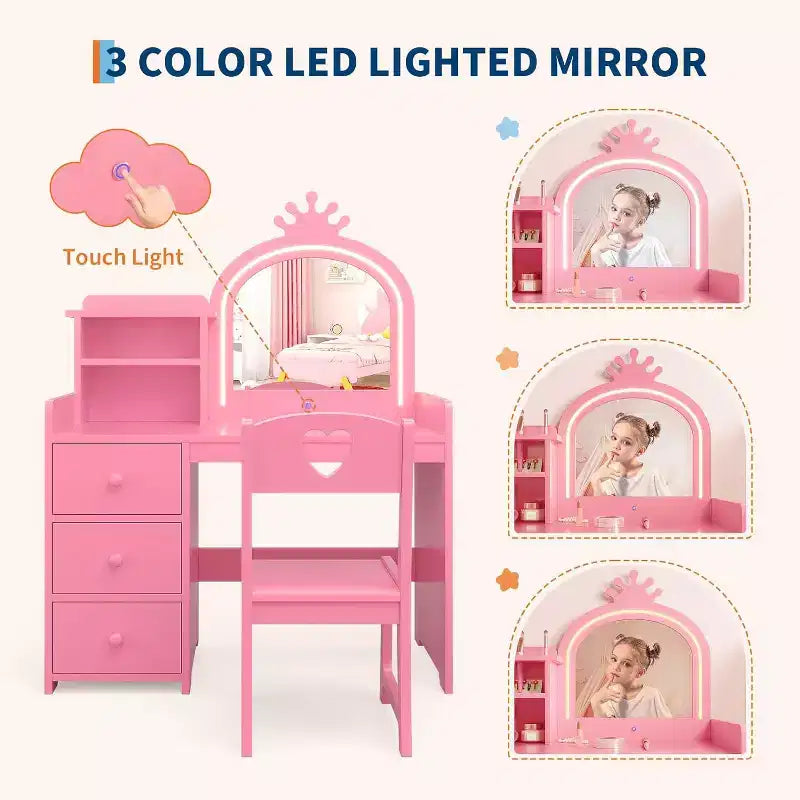 Coiffeuse avec miroir et lumières pour petites filles, ensemble de coiffeuse avec tiroirs et étagères de rangement ouvertes, table de toilette en bois pour chambre à coucher