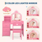 Coiffeuse avec miroir et lumières pour petites filles, ensemble de coiffeuse avec tiroirs et étagères de rangement ouvertes, table de toilette en bois pour chambre à coucher