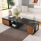 Table basse extensible Table basse relevable Table d'appoint en bois réglable avec 2 tiroirs de rangement, Noir+Noyer-ModernLuxe