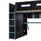 Lit mezzanine double Merax avec bureau, armoire, lumières LED RVB et port de chargement USB - Cadre noir élégant avec de multiples espaces de rangement pour les amateurs de jeux