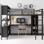 Lit mezzanine en métal double/grand format avec armoire et bureau en L, lit mezzanine robuste avec casiers de rangement et étagères, blanc/noir - ModernLuxe