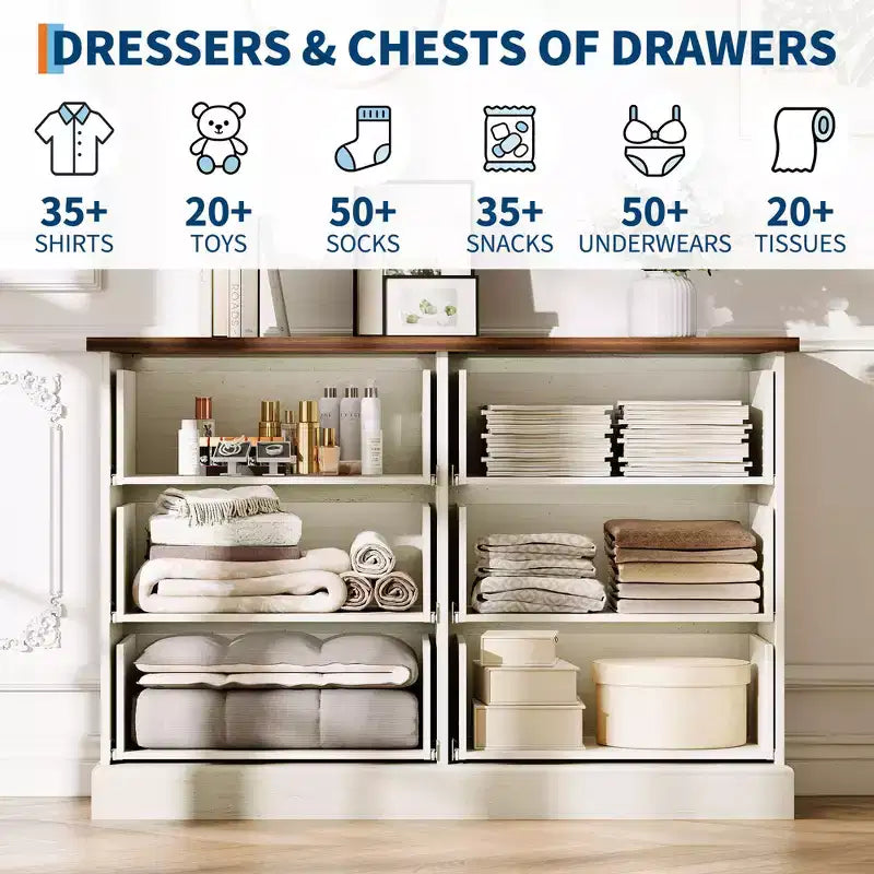 Commode à 6 tiroirs cannelés pour chambre à coucher, commode horizontale en bois avec poignées en métal, organiseur de rangement moderne pour chambre à coucher, salon