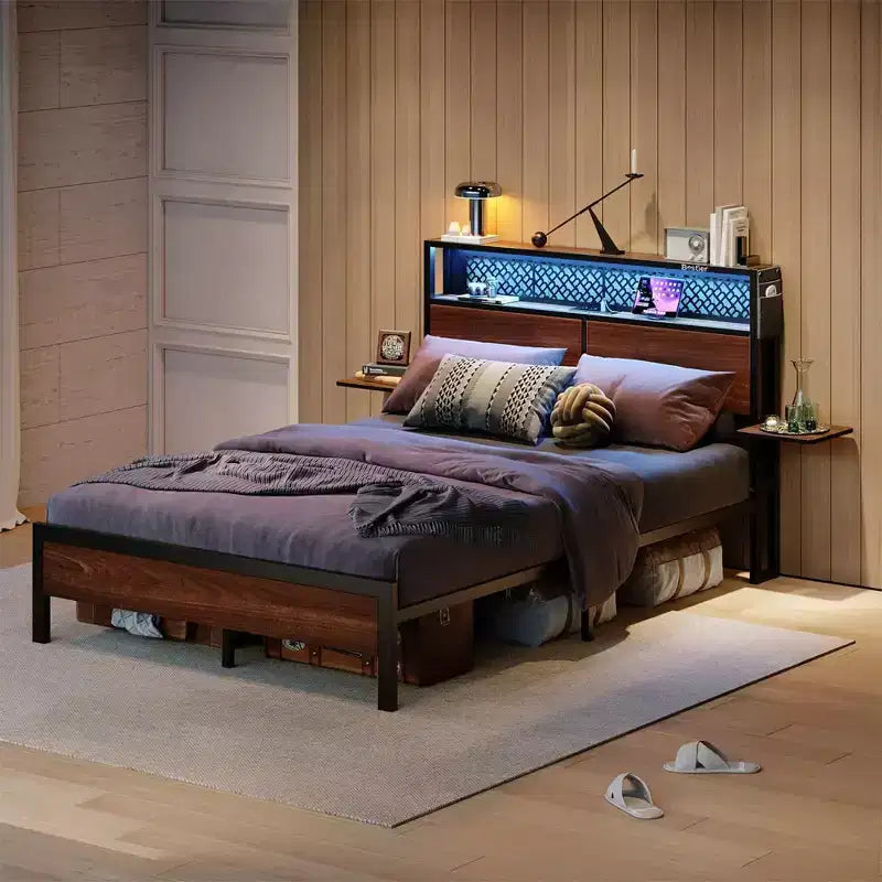 Cadre de lit Bestier Queen/Full en tissu, plateforme de lit LED, tête de lit de rangement avec étagères pliantes et station de charge