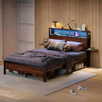 Cadre de lit Bestier Queen/Full en tissu, plateforme de lit LED, tête de lit de rangement avec étagères pliantes et station de charge