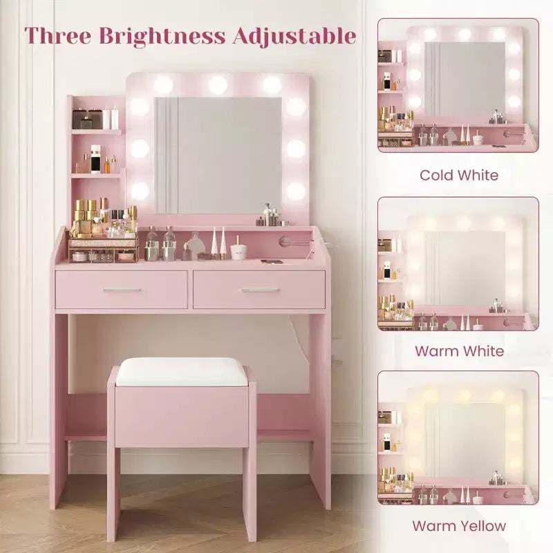 Coiffeuse de Maquillage avec Lumières, Bureau de Maquillage avec Miroir et Lumières, Grand Tiroir et Armoire de Rangement à Deux Étages, 3 Modes d'Éclairage
