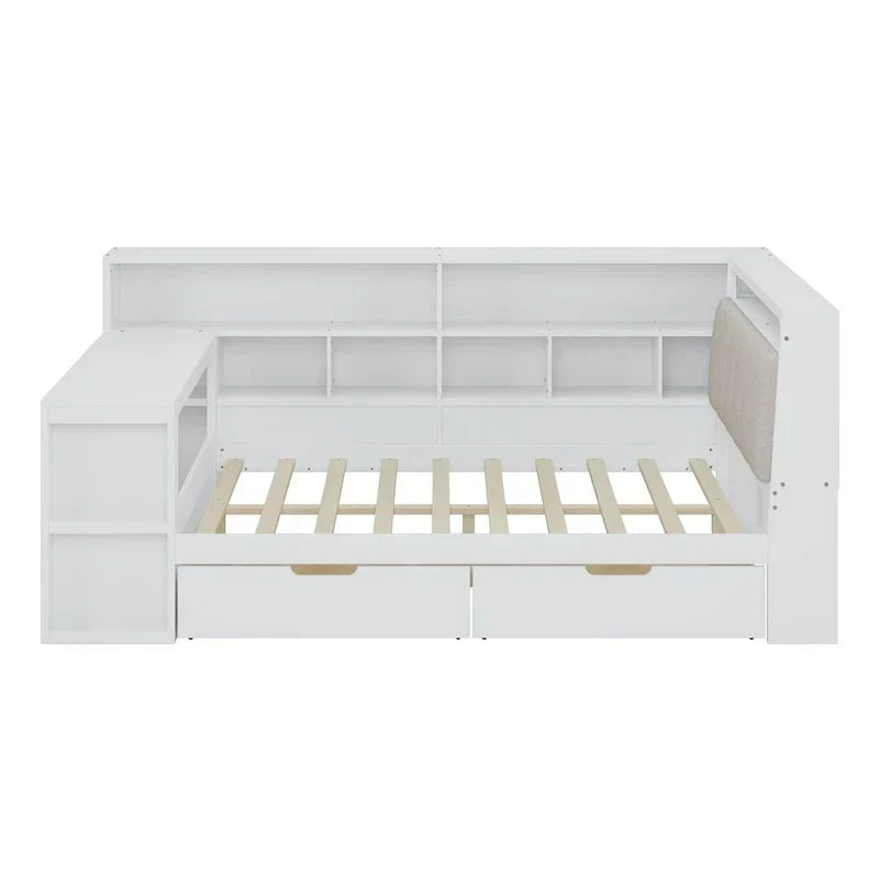 Canapé-lit d'angle en bois en forme de L avec bureau, bibliothèque, lit d'angle avec tiroirs de rangement, tête de lit rembourrée et éclairage intégré