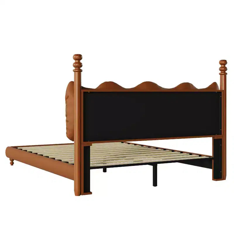 Cadre de lit Queen/King en cuir PU avec tête de lit capitonnée ondulée, de style moderne du milieu du siècle et vintage, Café - ModernLuxe