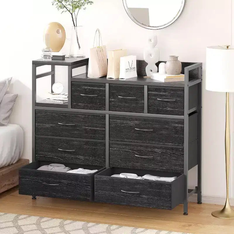 COZONY Commode de rangement à 9 tiroirs de 86,4 cm de haut et meuble TV, Tour de rangement en tissu, Rangement à cadre en acier robuste pour le salon, utilisation dans les petits espaces