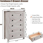 Commode en bois de style campagnard, 5 tiroirs, 122 cm de hauteur, pour chambre à coucher
