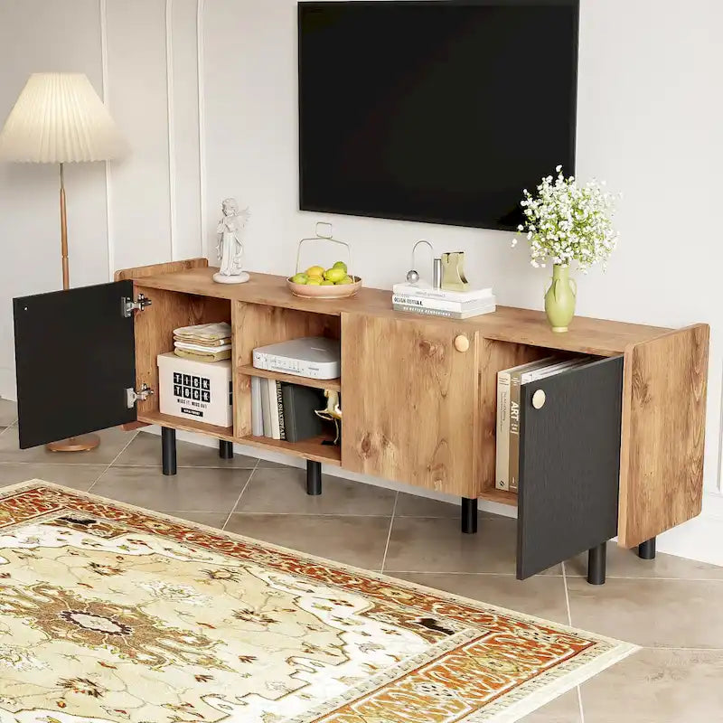 Meuble TV Mid-Century avec 3 armoires, console multimédia pour téléviseurs jusqu'à 70 pouces, centre de divertissement avec rangement