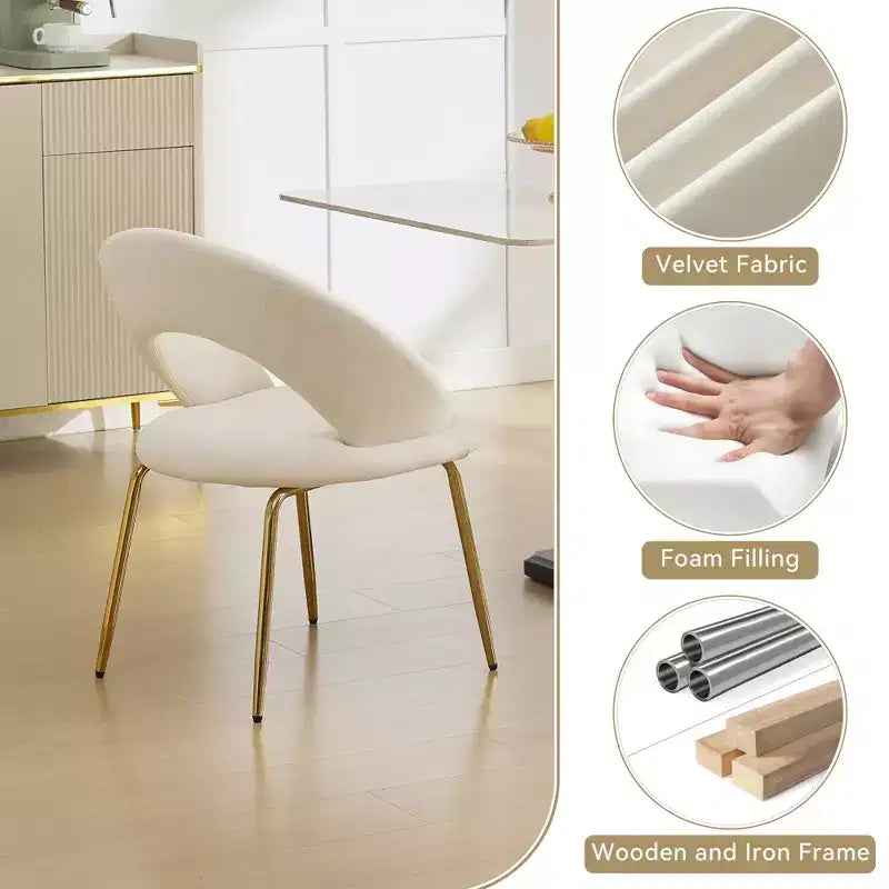 Lot de 1 chaises de salle à manger en velours avec dossier incurvé et pieds en métal doré pour la cuisine ou la salle à manger, blanc