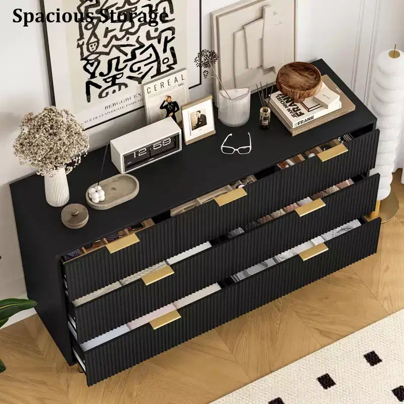 Commode moderne à 7 tiroirs cannelés avec poignées dorées, large commode de rangement en bois pour chambre à coucher, salon, entrée