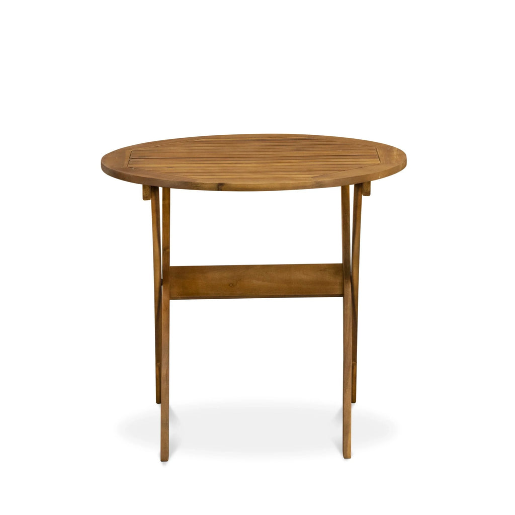 East West Furniture Ensemble Bistro de conversation d'extérieur comprenant une table basse ronde en bois et 2 chaises pliantes, Huile naturelle