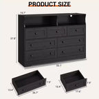Commode en bois à 7 tiroirs avec station de recharge USB et lumières LED - Coiffeuse moderne avec 2 niches ouvertes pour chambre à coucher, salon, placard ou chambre d'enfant