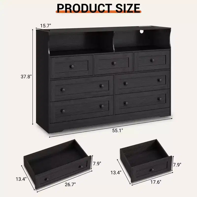 Commode en bois à 7 tiroirs avec station de recharge USB et lumières LED - Coiffeuse moderne avec 2 niches ouvertes pour chambre à coucher, salon, placard ou chambre d'enfant
