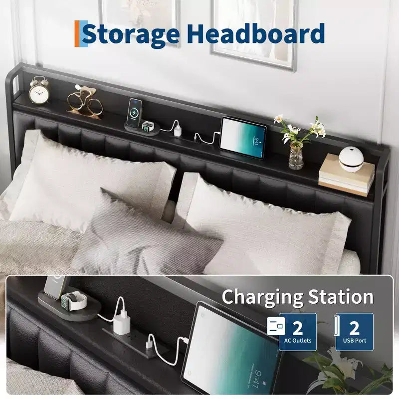 Lit avec revêtement en similicuir PU, tête de lit capitonnée avec station de charge, cadre de lit plateforme entièrement métallique avec rangement, aucun sommier tapissier requis