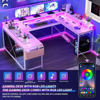 Bureau d'angle en U de 200 cm pour gamer, bureau d'ordinateur réversible en forme de L avec prises de courant, lumières LED, support d'écran et étagères de rangement