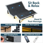 Base réglable Renanim SF avec matelas hybride 12, massage, USB, éclairage sous le lit, application, inclinaison tête et pieds