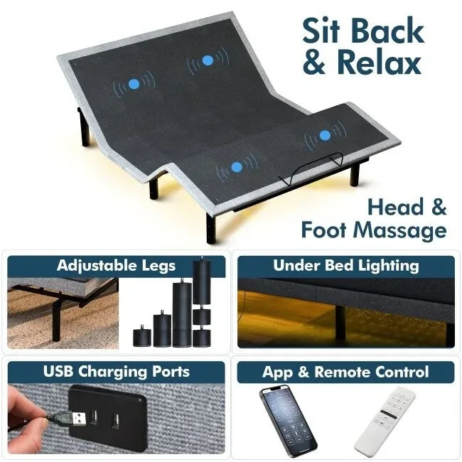 Base réglable Renanim SF avec matelas hybride 12, massage, USB, éclairage sous le lit, application, inclinaison tête et pieds