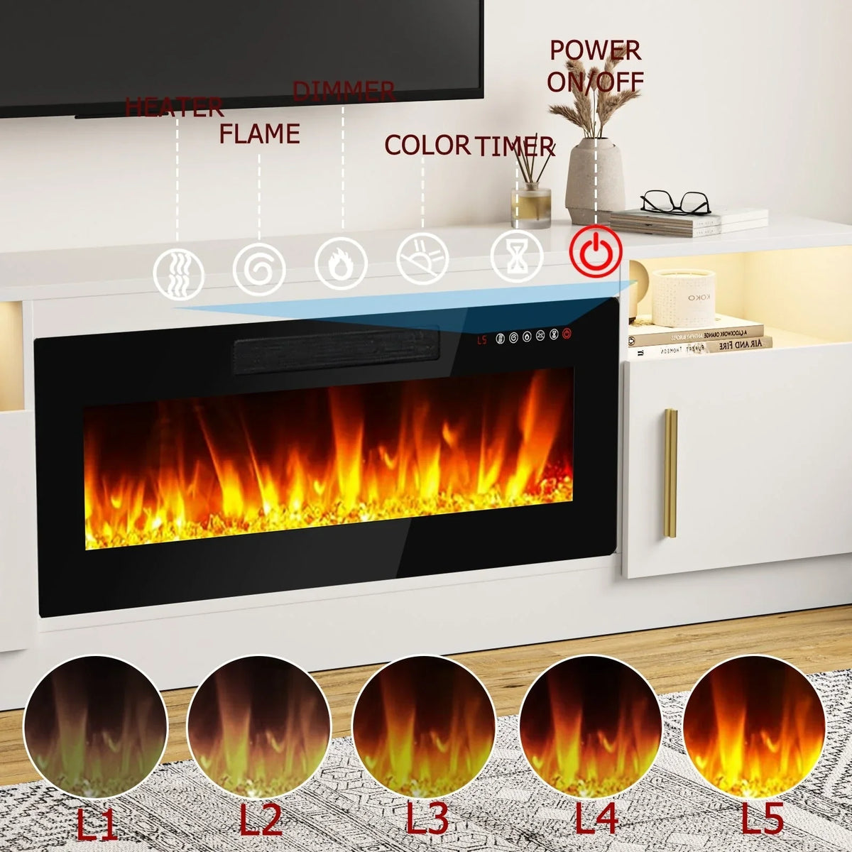 Meuble TV cheminée Bossin 70 avec cheminée électrique 36, meuble TV pour téléviseurs jusqu'à 80 pouces, lumières LED 16 couleurs/centre de divertissement